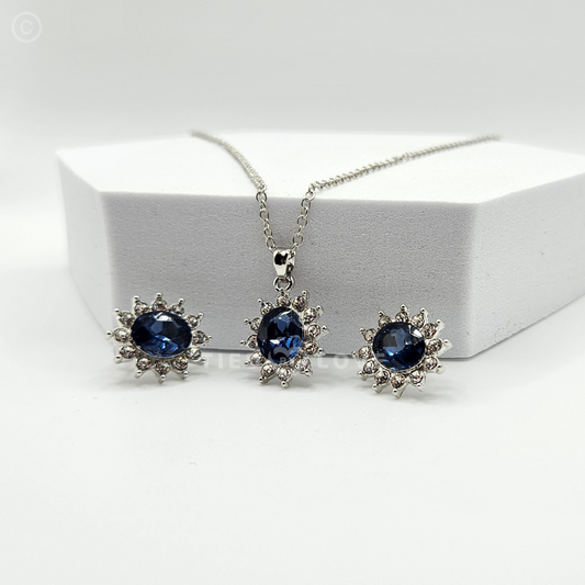 Ocean Blue Crystal Rhinestone Necklace & Earrings Inlaid Jewellery Set