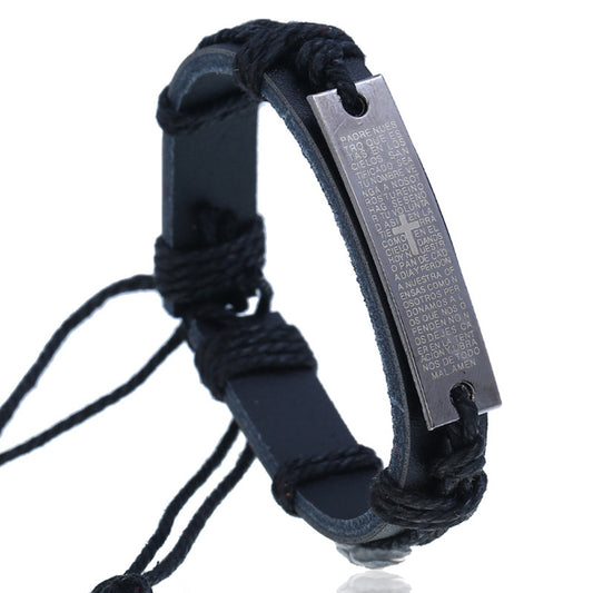 PU Leather Adjustable Punk Style The Lord's Prayer El Padre Nuestro Braided Bracelet Bangle Gothic Steampunk Bohemian Unisex Wristband