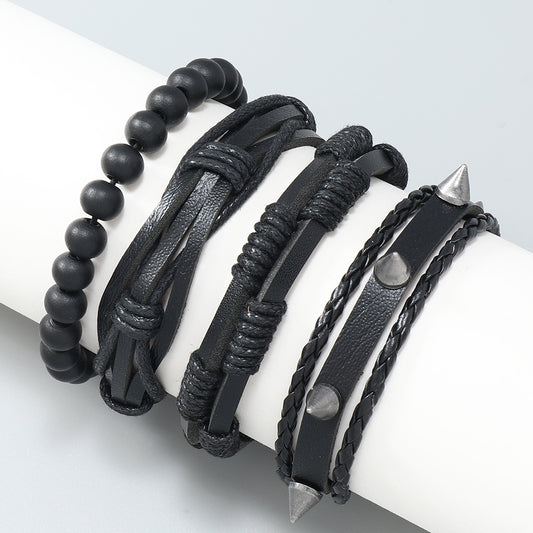 PU Leather Unisex Gothic Trendy Rivet Hip Hop Bracelet Multi-Layered Set Gothic Steampunk Bohemian Unisex Wristband