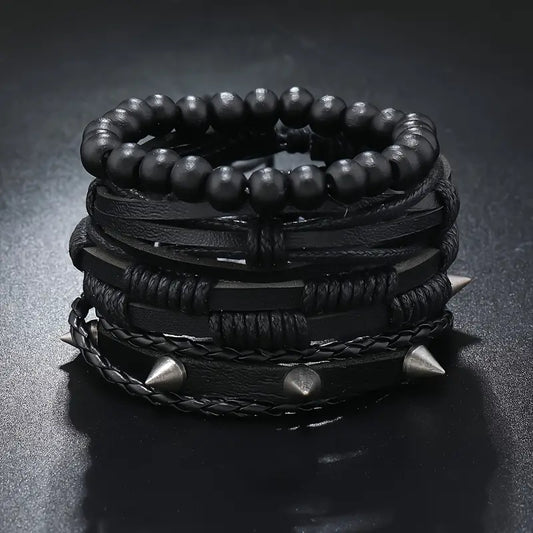 PU Leather Unisex Gothic Trendy Rivet Hip Hop Bracelet Multi-Layered Set