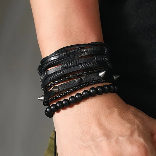 PU Leather Unisex Gothic Trendy Rivet Hip Hop Bracelet Multi-Layered Set