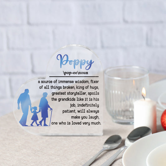 Poppy Granddad Grandpa Heart Acrylic Plaque Heart-Shaped Block Gift Free-Standing Sign Keepsake For Grandad Grandfather Grandpa For Birthday Special Occasion