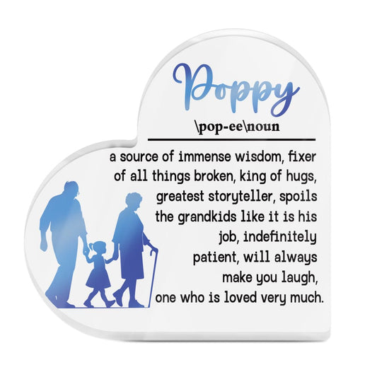 Poppy Granddad Grandpa Heart Acrylic Plaque Heart-Shaped Block Gift Free-Standing Sign Keepsake For Grandad Grandfather Grandpa For Birthday Special Occasion