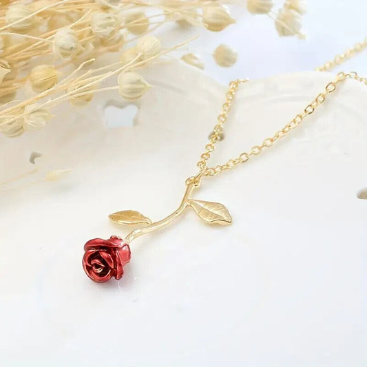 Red Rose Simple Rose Charm Necklace On A Gold Adjustable Chain