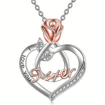 Silver Rose Gold Sister Heart-Shaped Rose I Love You Pendant Necklace