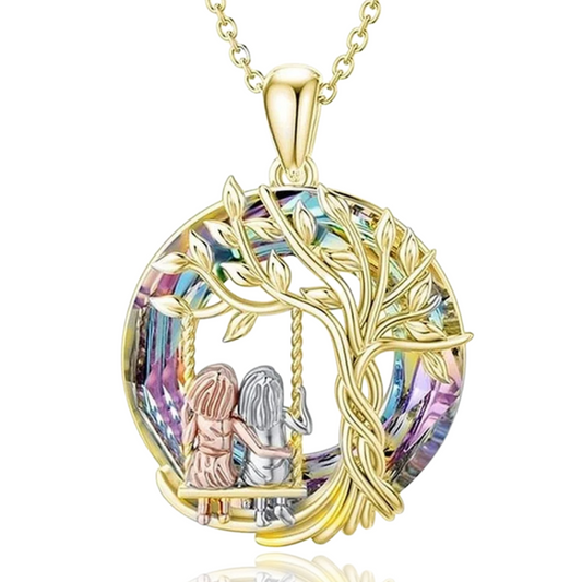Tree Of Life Sisters Friends Mother & Daughter On A Swing Purple Blue Crystal Round Pendant Charm Necklace Gift For Sister Friend Mother Daughter For Birthday Special Occasion