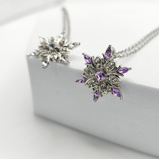 White Purple Rhinestone Snowflake Design Pendant Necklace Silver Chain Necklace