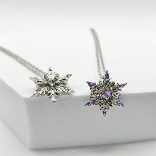 White Purple Rhinestone Snowflake Design Pendant Necklace Silver Chain Necklace