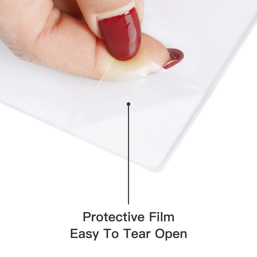Hand peeling back protective film from a product with text 'Protective Film Easy To Tear Open'.