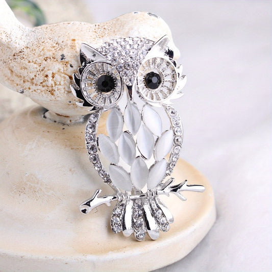 Stunning Silver Owl Opal Brooch Elegant Inlaid Rhinestone Animal Lapel Pin For Women Blouse Dress Coat Scarf Brooch