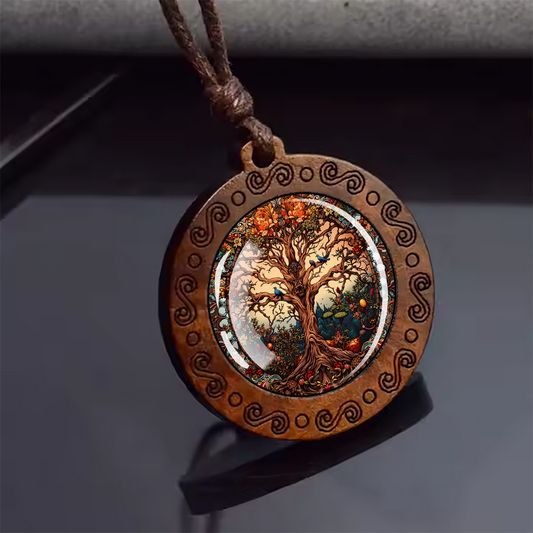 Boho Leafy Tree Of Life Ethnic Spiritual Wooden Pendant Encased Glass Dome Bohemian Unisex Necklace Adjustable 45-86cm