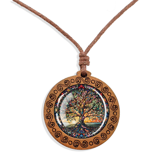 Boho Sunrise Tree Of Life Ethnic Spiritual Wooden Pendant Encased Glass Dome Bohemian Unisex Necklace Adjustable 45-86cm