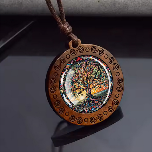 Boho Sunrise Tree Of Life Ethnic Spiritual Wooden Pendant Encased Glass Dome Bohemian Unisex Necklace Adjustable 45-86cm