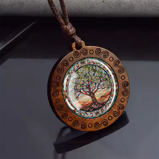 Boho Mountain Tree Of Life Ethnic Spiritual Wooden Pendant Encased Glass Dome Bohemian Unisex Necklace Adjustable 45-86cm