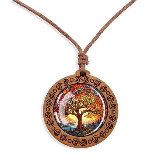 Boho Autumn Tree Of Life Ethnic Spiritual Wooden Pendant Encased Glass Dome Bohemian Unisex Necklace Adjustable 45-86cm