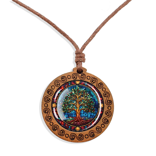 Boho Mystic Tree Of Life Ethnic Spiritual Wooden Pendant Encased Glass Dome Bohemian Unisex Necklace Adjustable 45-86cm