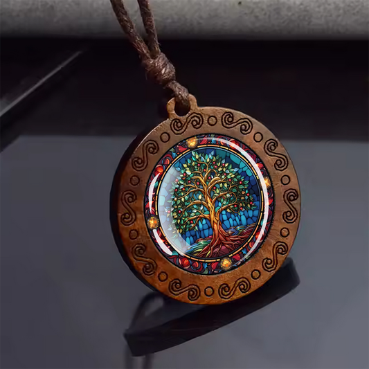 Boho Mystic Tree Of Life Ethnic Spiritual Wooden Pendant Encased Glass Dome Bohemian Unisex Necklace Adjustable 45-86cm