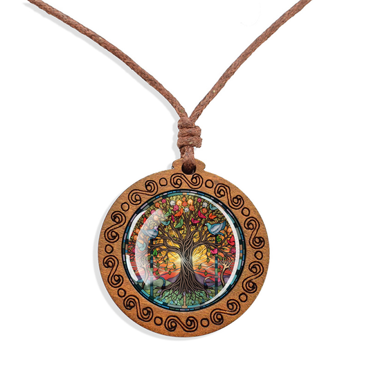 Boho Bird Garden Tree Of Life Ethnic Spiritual Wooden Pendant Encased Glass Dome Bohemian Unisex Necklace Adjustable 45-86cm