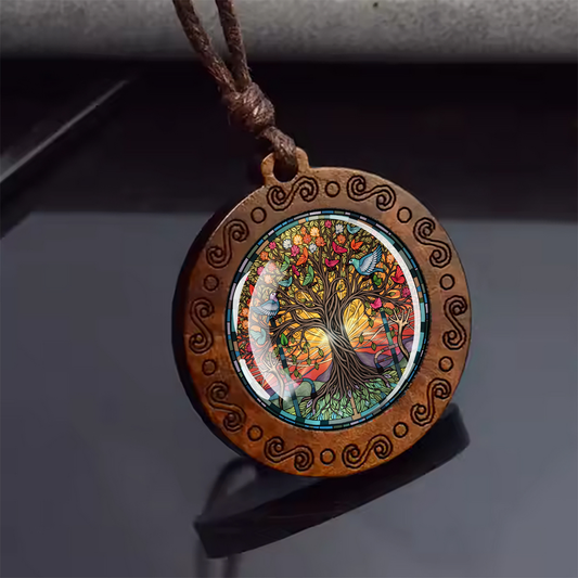 Boho Bird Garden Tree Of Life Ethnic Spiritual Wooden Pendant Encased Glass Dome Bohemian Unisex Necklace Adjustable 45-86cm