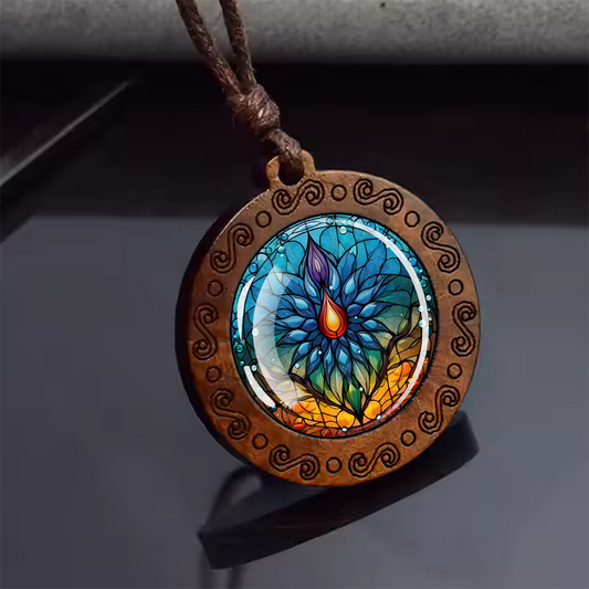 Boho Ethereal Flower Ethnic Spiritual Wooden Pendant Encased Glass Dome Bohemian Unisex Necklace Adjustable 45-86cm