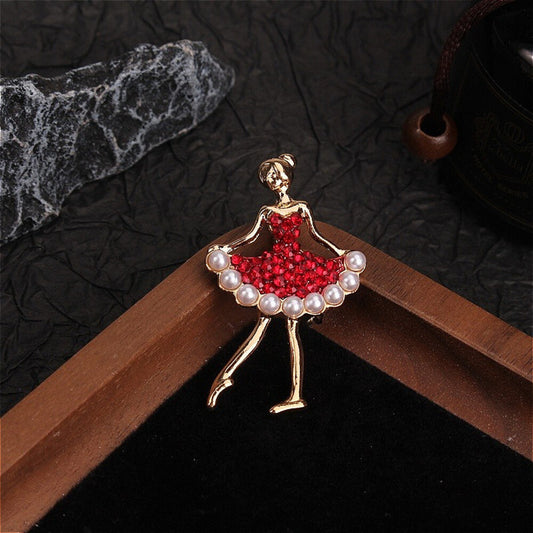 Imitation Pearls Red Ballerina Brooch Elegant Inlaid Rhinestone Dancer Lapel Pin For Women Blouse Dress Coat Scarf Brooch