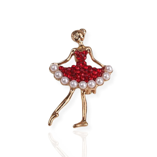 Imitation Pearls Red Ballerina Brooch Elegant Inlaid Rhinestone Dancer Lapel Pin For Women Blouse Dress Coat Scarf Brooch