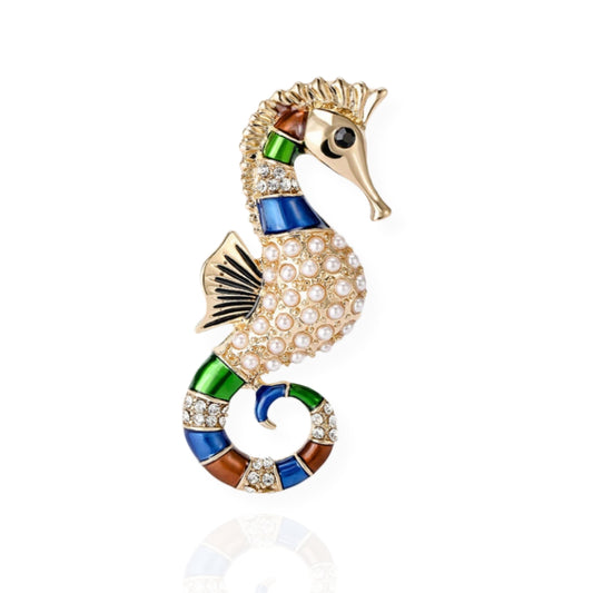 Imitation Pearls Seahorse Brooch Elegant Inlaid Rhinestone Animal Lapel Pin For Women Blouse Dress Coat Scarf Brooch