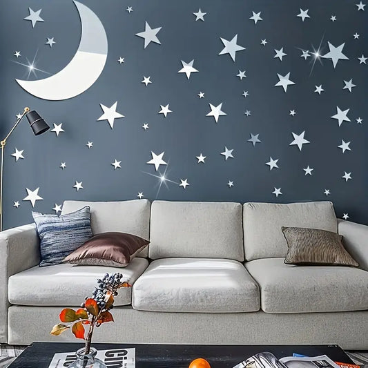 61pcs 3D Moon & Stars Mirror Wall Stickers Removable Decal Mural Home Room Decor