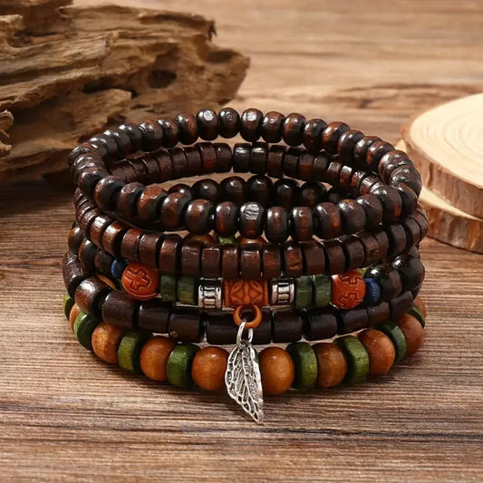 Ethnic Boho 5-Piece Set Wooden Beaded Bracelets with Leaf Charm Gothic Steampunk Bohemian Unisex Wristband