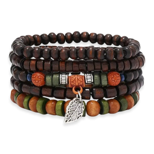 Ethnic Boho 5-Piece Set Wooden Beaded Bracelets with Leaf Charm Gothic Steampunk Bohemian Unisex Wristband