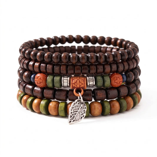 Ethnic Boho 5-Piece Set Wooden Beaded Bracelets with Leaf Charm Gothic Steampunk Bohemian Unisex Wristband