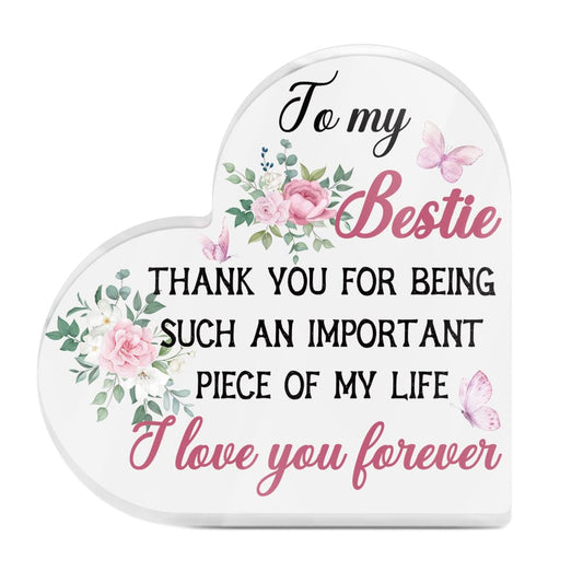 To My Bestie I Love You Forever Heart-Shaped Block Acrylic Plaque Gift Free-Standing Sign Keepsake For Bestie Best Friends Friendship For Birthday Present Special Occasion