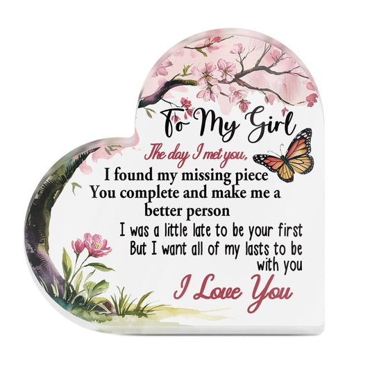 To My Girl The Day I Met You Heart Acrylic Plaque Heart-Shaped Block Gift Free-Standing Sign Keepsake For Girlfriend Partner Wife For Birthday Valentine's Day Anniversary