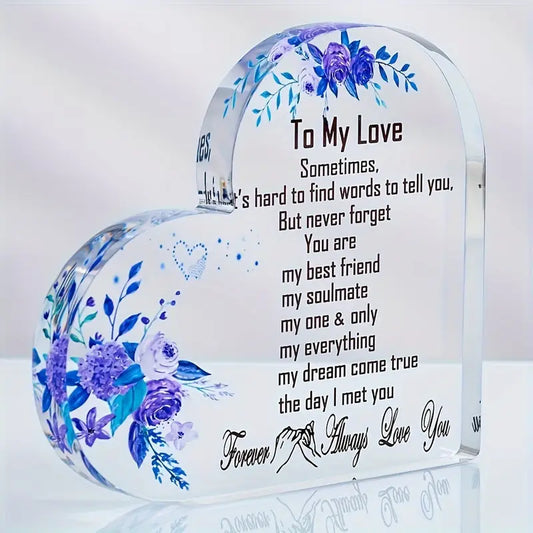 To My Love Heart-Shaped Block Acrylic Plaque Birthday Partner Gift Sign Heartful Engraved Inscription