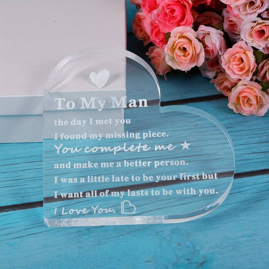 To My Man Heart Shaped Acrylic Free Standing Block Plaque