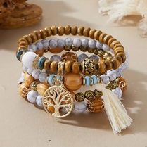 Tree Of Life Boho Chic Natural Wooden Beads Ethnic Bracelet - Multilayered Set of 4