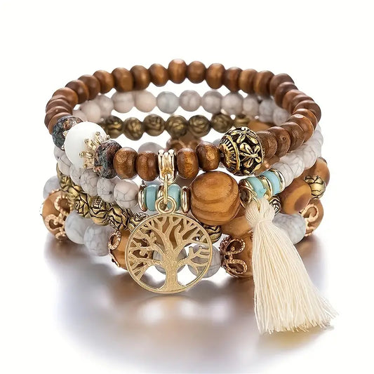 Tree Of Life Boho Chic Natural Wooden Beads Ethnic Bracelet - Multilayered Set of 4