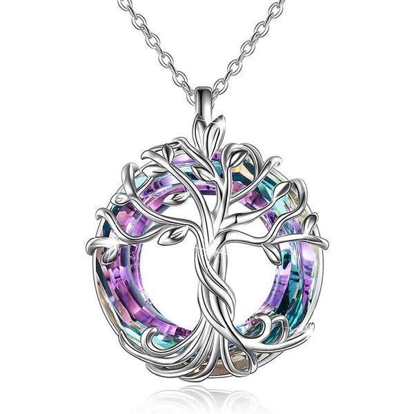 Celtic Tree Of Life Purple Blue Crystal Round Pendant Charm Necklace Gift For Sister Friend Mother Grandma Daughter Niece For Birthday Special Occasion