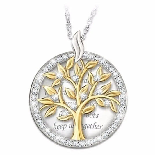 Tree Of Life Shiny Zircon Dual Round Shape Pendants Necklace Family Message