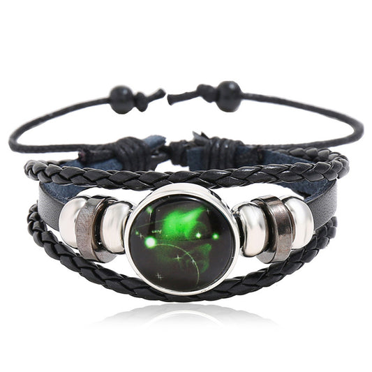 Unisex Constellation Zodiac Glass Leather Cabochon Charm Wristband Bracelet Weave Bangle Gothic Steampunk Bohemian Unisex Wristband