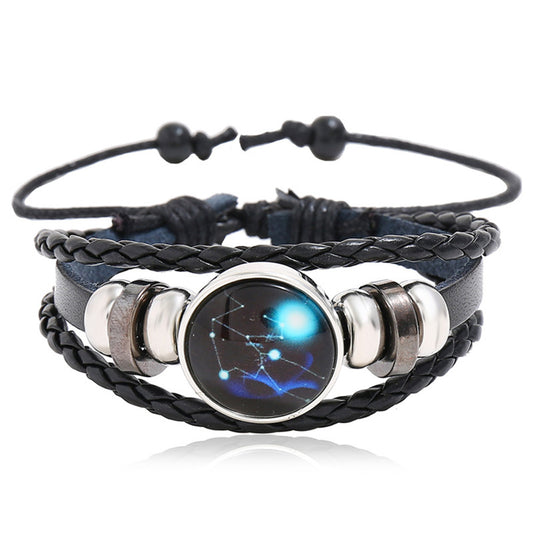 Unisex Constellation Zodiac Glass Leather Cabochon Charm Wristband Bracelet Weave Bangle Gothic Steampunk Bohemian Unisex Wristband