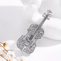 Violin Rhinestone Brooch Silver Gold Tone Musical Instrument Badge Lapel Pin Music