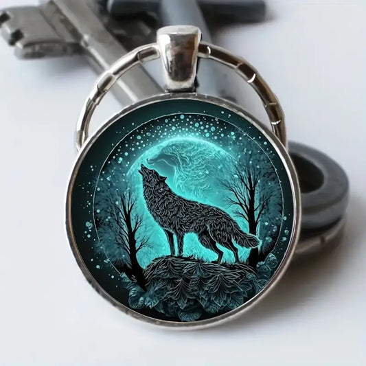 Wolf Howling Keychain Moon Night Sky Glass Dome Keyring