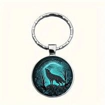 Wolf Howling Keychain Moon Night Sky Glass Dome Keyring