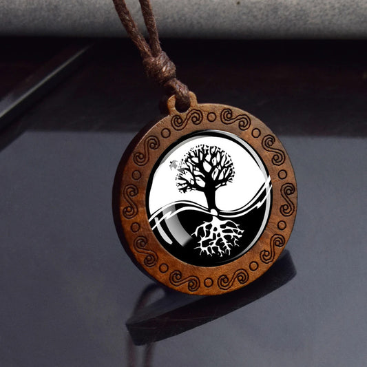 Boho Yin Yang Tree Of Life Ethnic Spiritual Wooden Pendant Encased Glass Dome Bohemian Unisex Necklace Adjustable 45-86cm