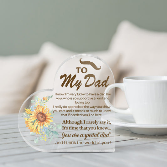 You Are A Special Dad Sunflower Design Heart-Shaped Block Acrylic Plaque Gift Free-Standing Sign Keepsake For Dad Father For Birthday Father's Day Special Occasion