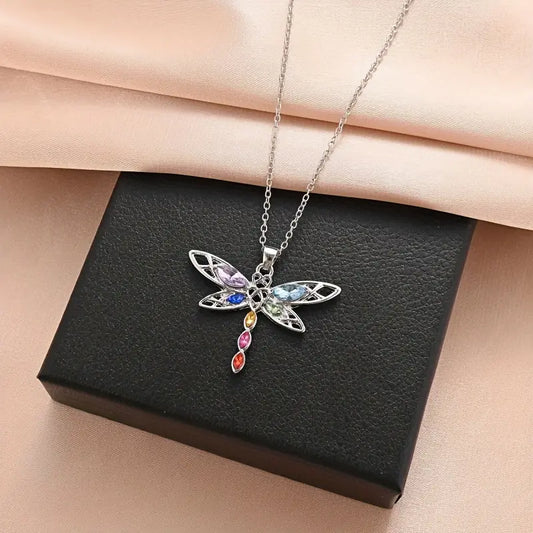 Rhinestone Dragonfly Rainbow Colours Pendant Necklace Silver Chain