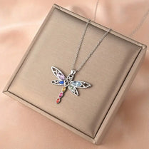 Rhinestone Dragonfly Rainbow Colours Pendant Necklace Silver Chain